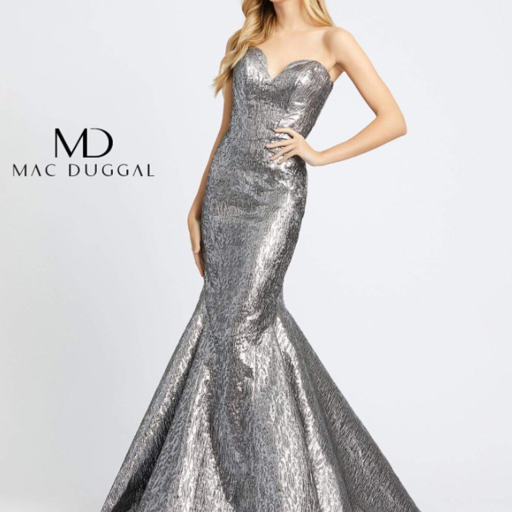 MAC DUGGAL STRAPLESS METALLIC BROCADE MERMAID GOWN in MERCURY sz 16 $598 66025D
